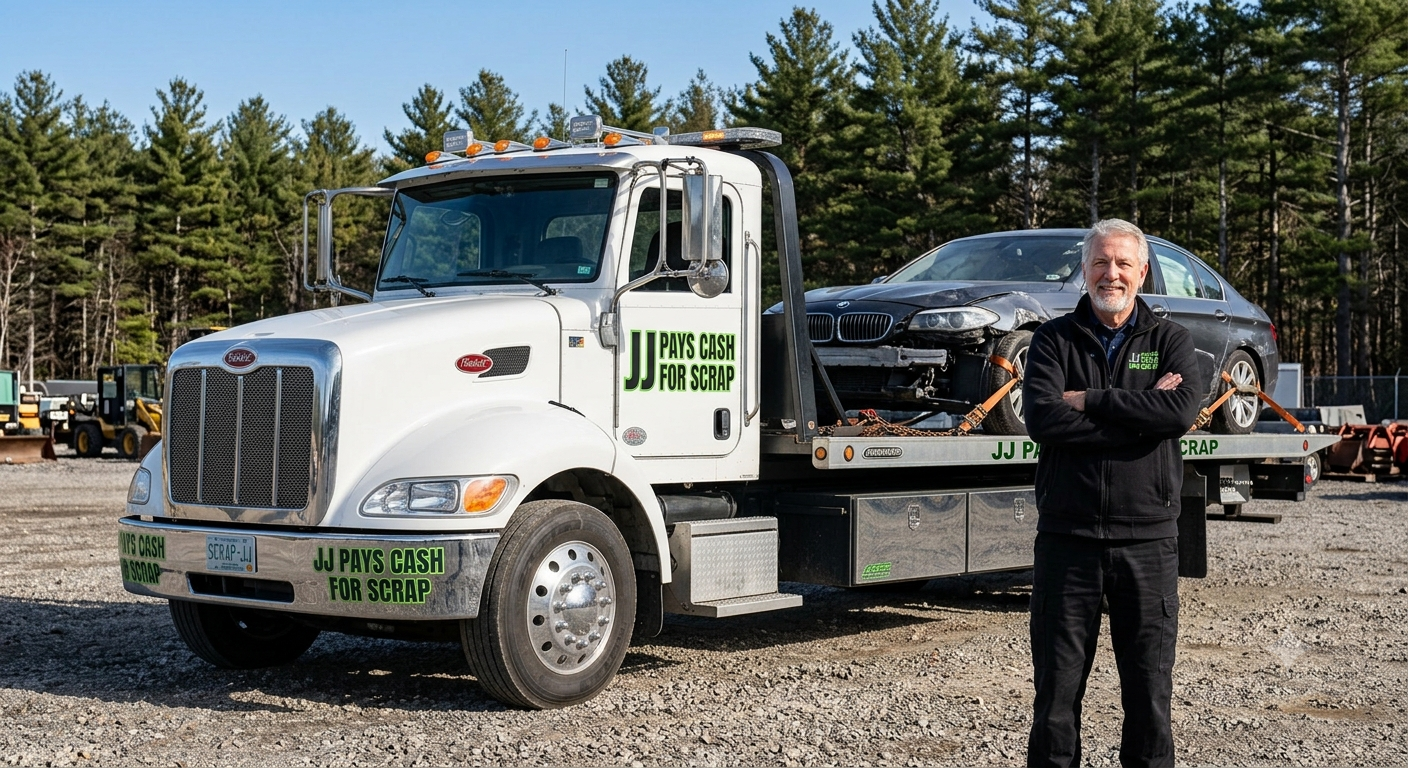 JJ Pays Cash For Scrap Car tow truck operator standing beside a branded flatbed tow truck with a damaged vehicle loaded, serving Vancouver BC
