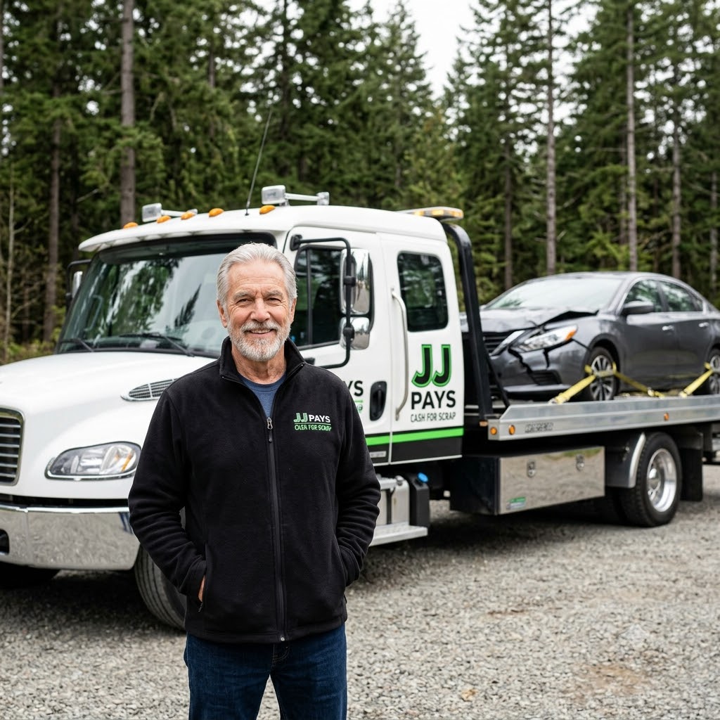 JJ, owner of JJ Pays Cash For Scrap Car, standing in front of the company's branded tow truck